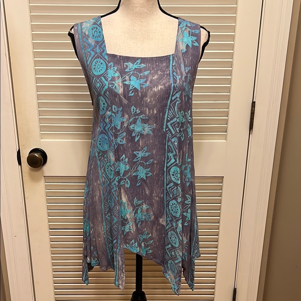 Soft Surroundings Floral Sleeveless Tunic in Brown & Turquoise, Size Med, NWOT